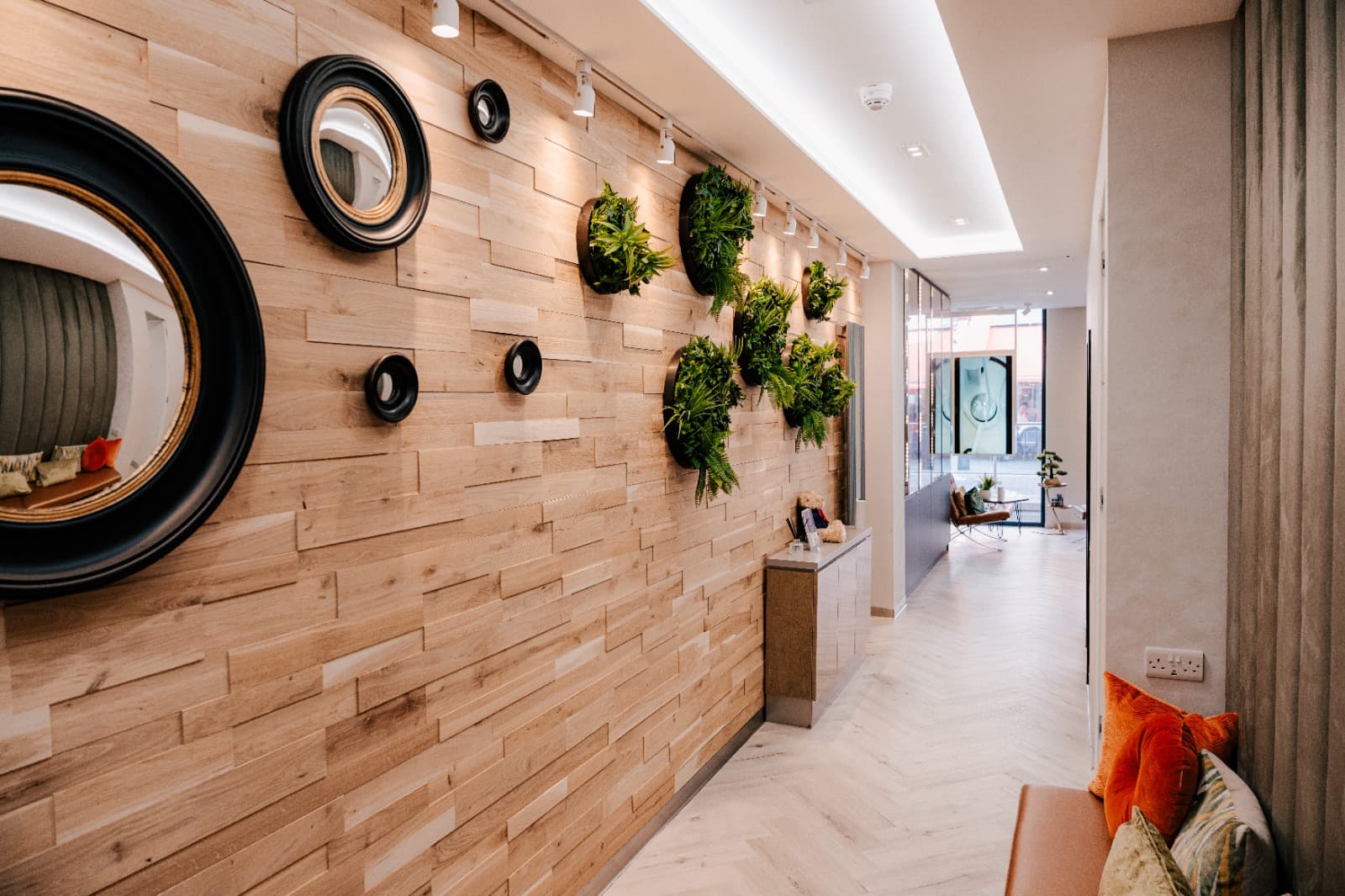 Corridor inside a Levitas clinic: an oak-panelled wall hung with round mirrors and green planters, leading past a reception desk to a street-facing window