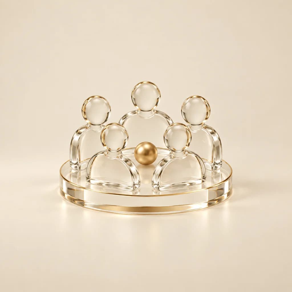 Five clear glass figures arranged in a circle around a gold sphere on a gold-edged glass disc