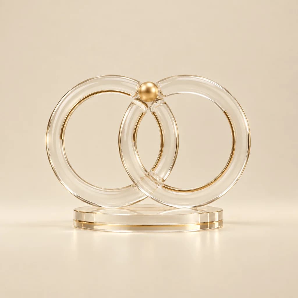 Two interlocking clear glass rings edged in gold, joined by a gold sphere, on a glass stand