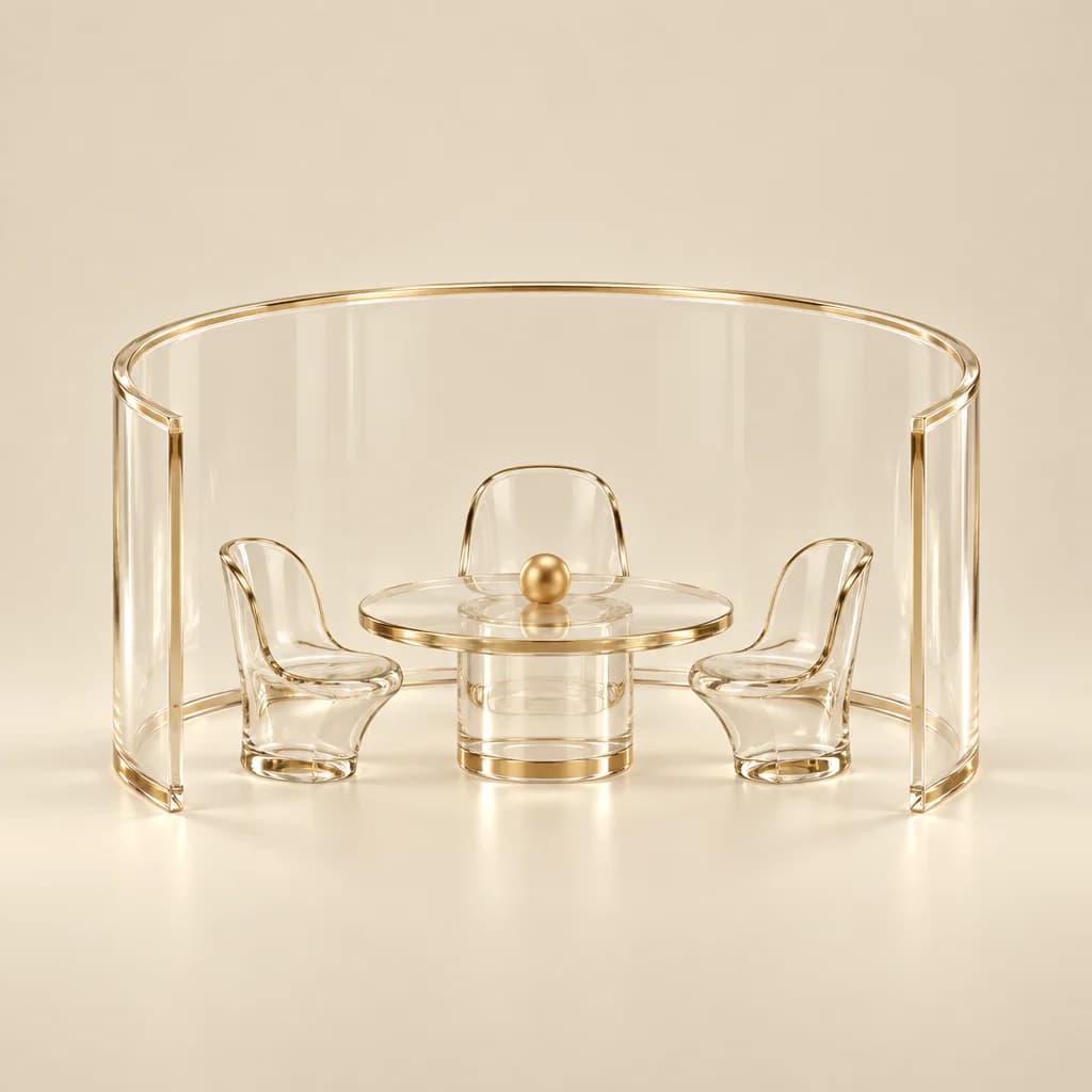 Clear glass curved wall enclosing a round table and three chairs with a gold sphere on the table