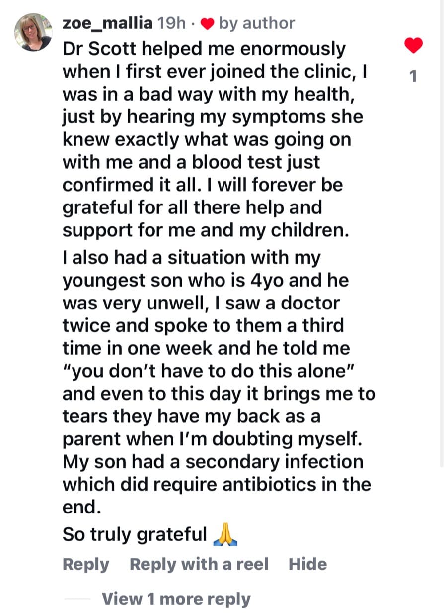 Instagram comment from a patient thanking Dr Scott and the Levitas team for their help and support