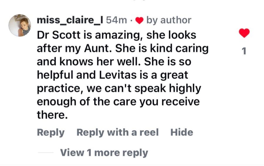Instagram comment saying Dr Scott is kind and caring and that Levitas is a great practice