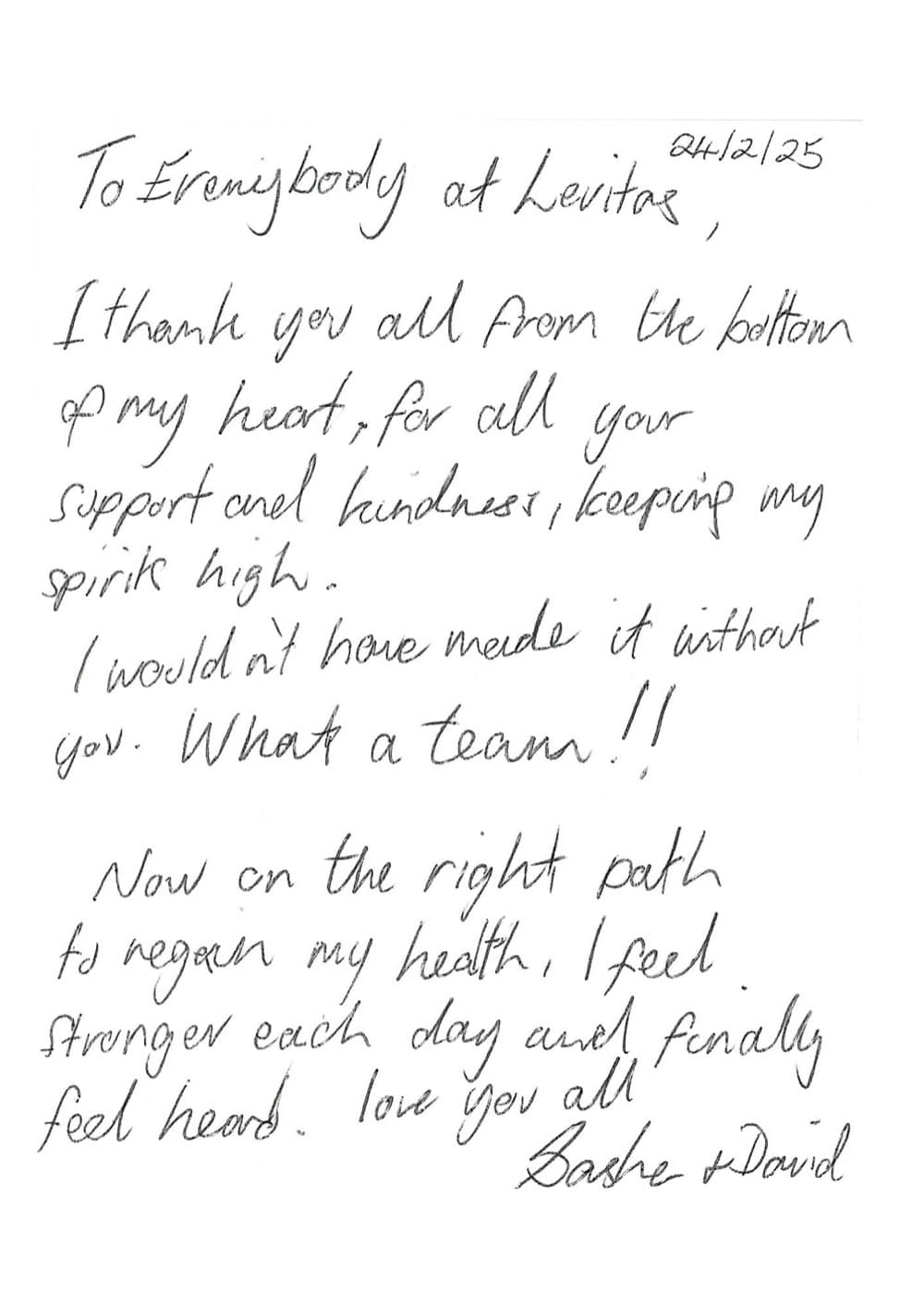 Handwritten letter to everybody at Levitas, thanking the team for their support and kindness