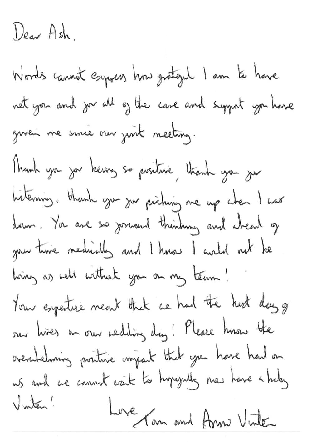 Handwritten letter addressed to Ash, thanking him for his care, support and positivity