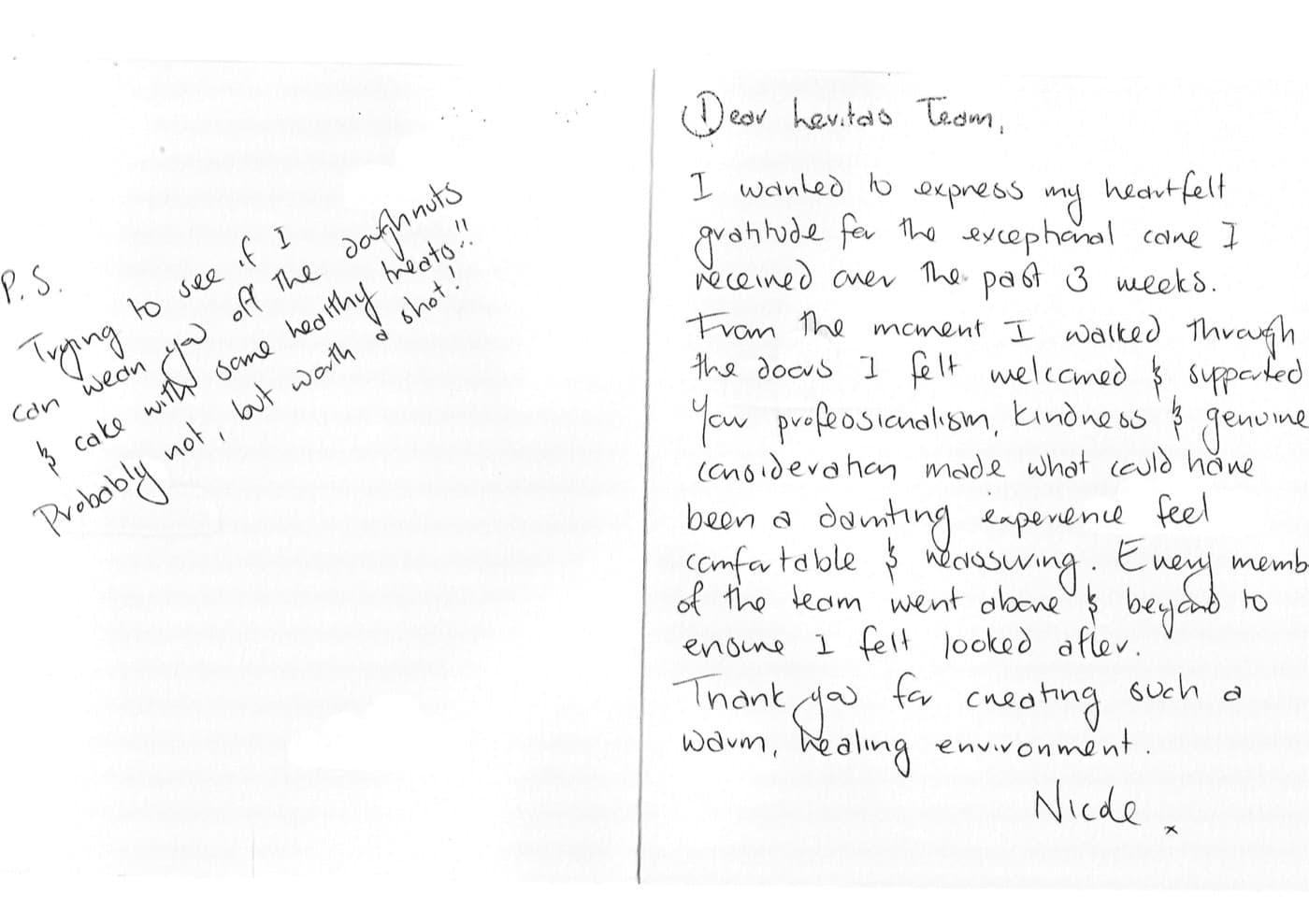 Handwritten thank-you card to the Levitas team, praising the care received over three weeks