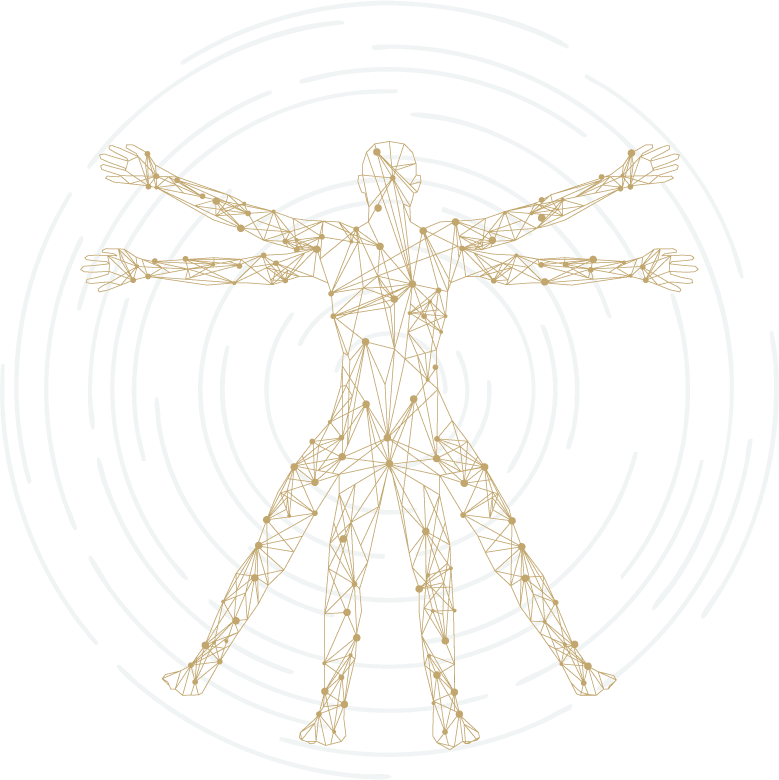 Gold line wireframe human figure with arms outstretched, drawn as connected points over faint concentric circles