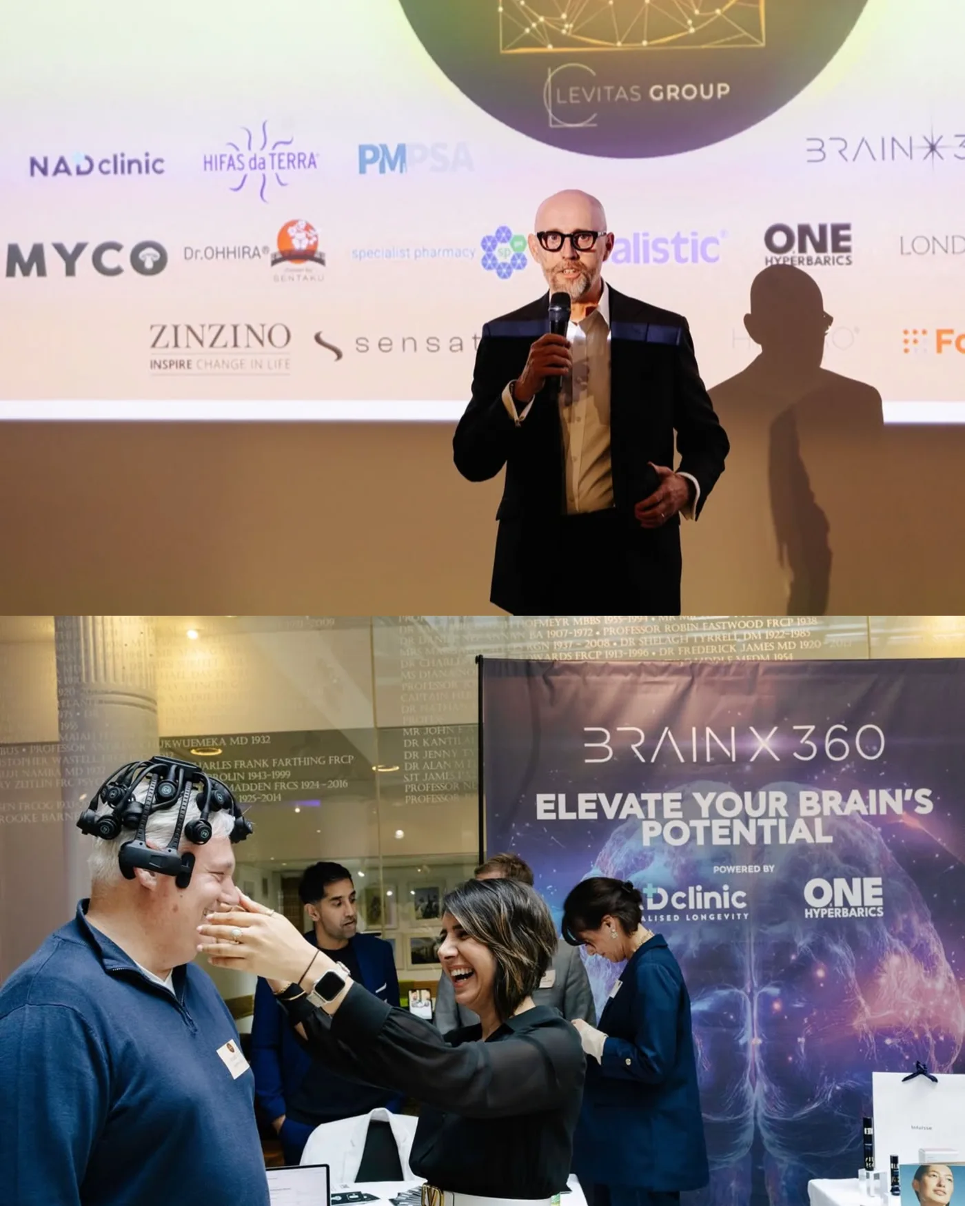 Two photographs from a Levitas One event: a man speaking to an audience in front of a screen of partner logos, and a visitor trying an EEG headset at a Brain 360 stand