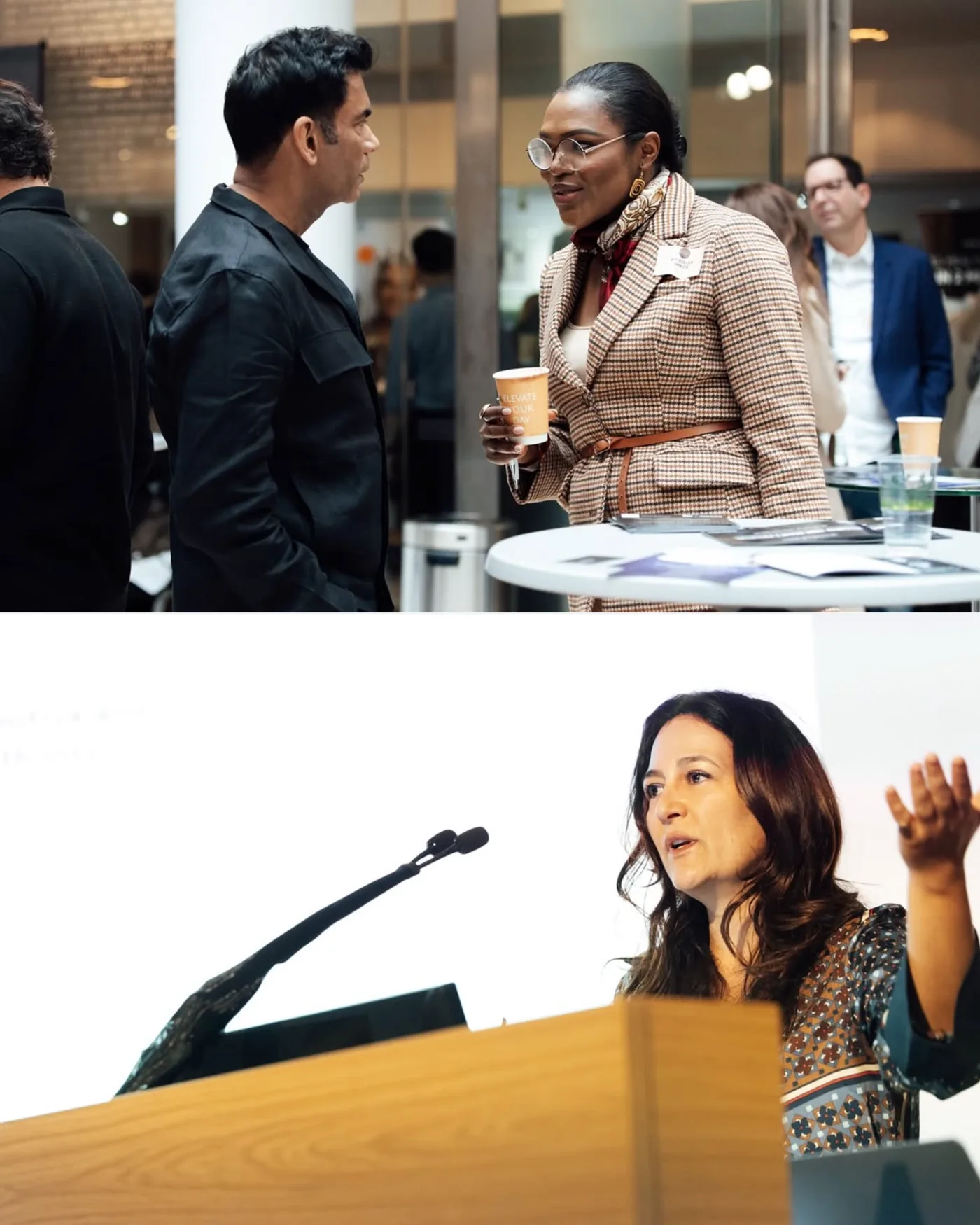 Two photographs from a Levitas One event: two attendees in conversation at a networking reception, and a woman speaking at a lectern with a microphone